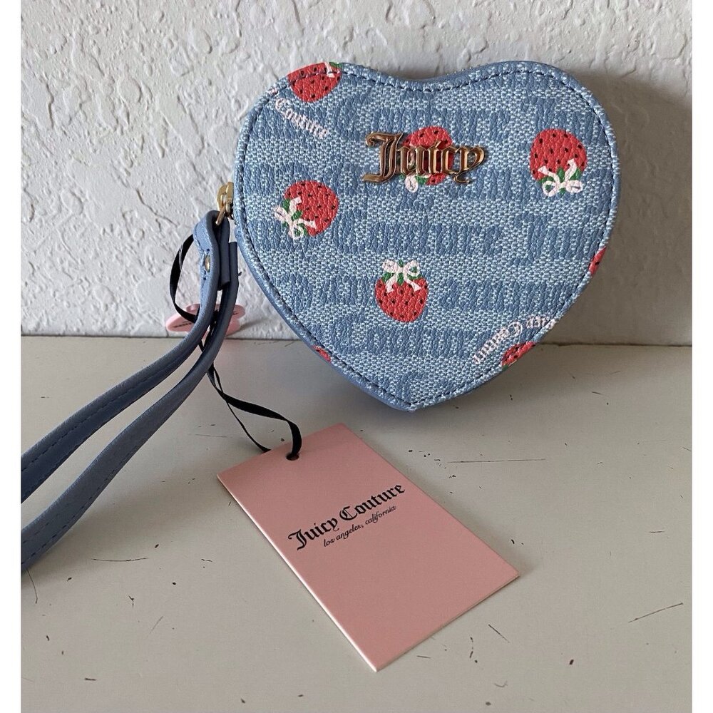 Juicy Couture Berry Sweet Coin Purse Wristlet Dusty Blue Red Strawberries NEW - Picture 1 of 10